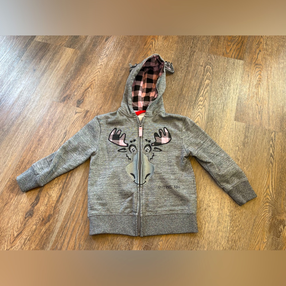 Toddler Girls Gray Moose Hoodie with Checkered Lining